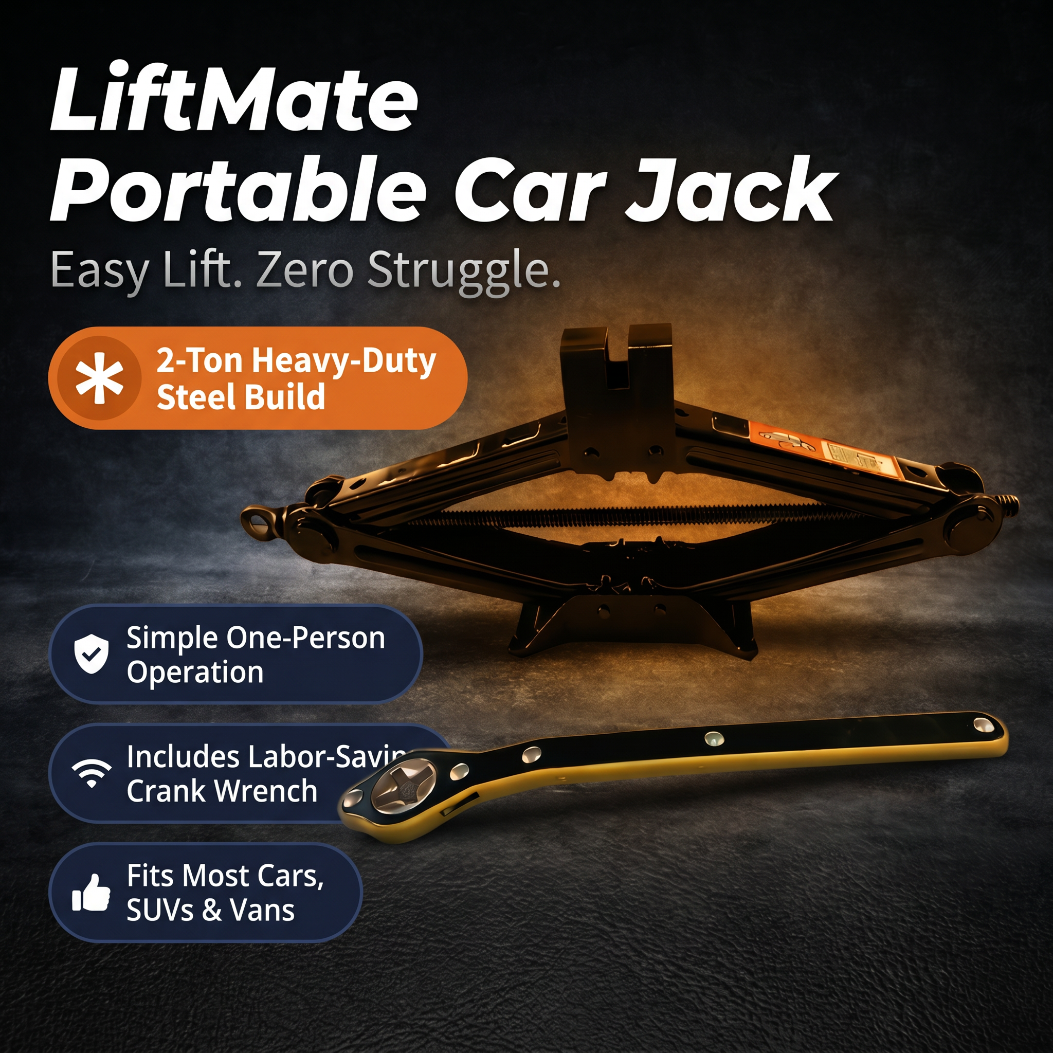 Portable Car Jack with Labor-Saving Crank Wrench – Easy Lift Tire Repair Tool
