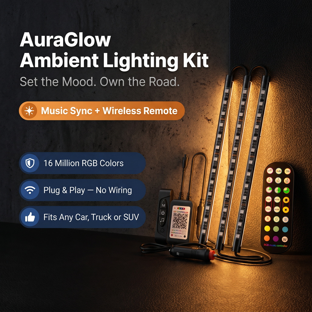 AuraGlow Wireless RGB Car Interior LED Ambient Lighting Kit with Music Sync