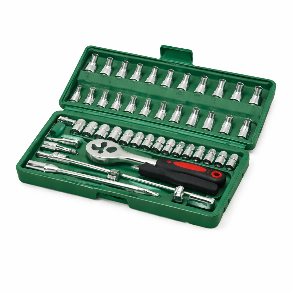 Mechanical tool set with ratchet handle and various bits in a green case on a white background