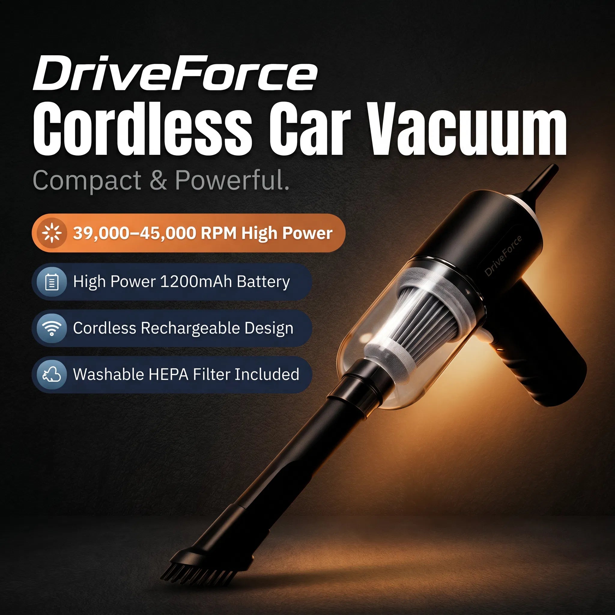 DriveForce 1200mAh Cordless Car Vacuum – Compact & Powerful